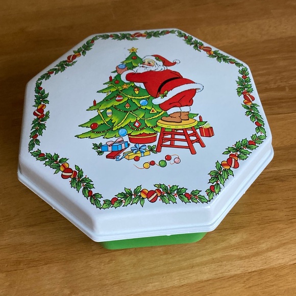 Vintage Christmas candy/cookie container with Santa decorating the tree - Picture 1 of 9